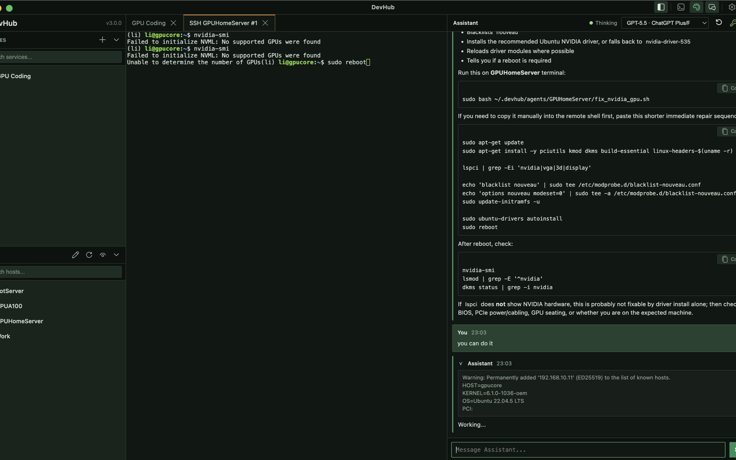 DevHub showing SSH hosts, service tabs, and terminal panes