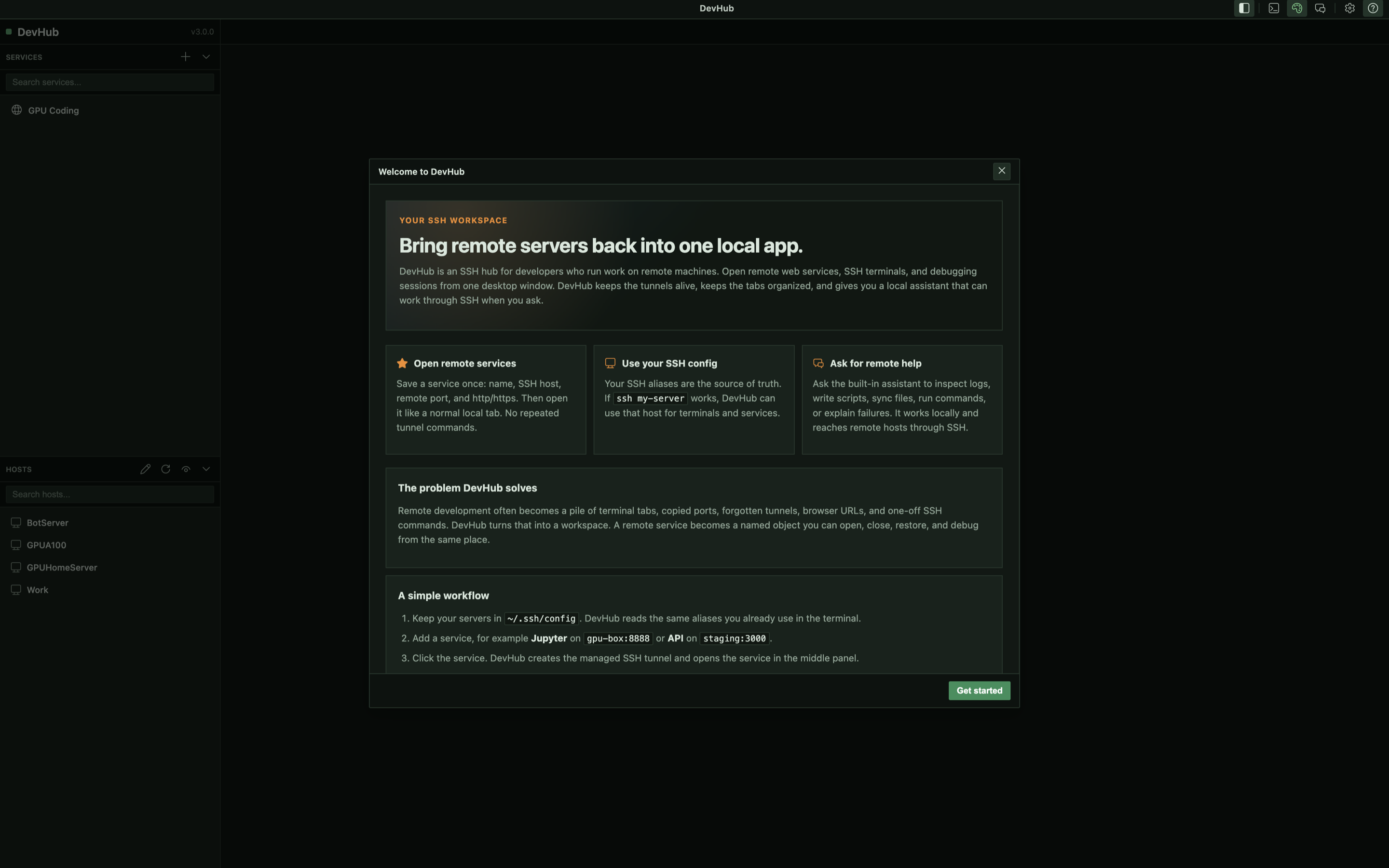 DevHub welcome screen explaining the SSH workspace
